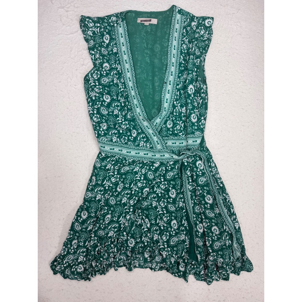 LOFT Green White Floral Paisley Ruffle Mini Wrap Dress Romber Size 6